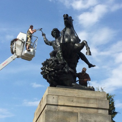 Conservation of "The Lion Fighter" sculpture in front of the Philadelphia Museum of Art