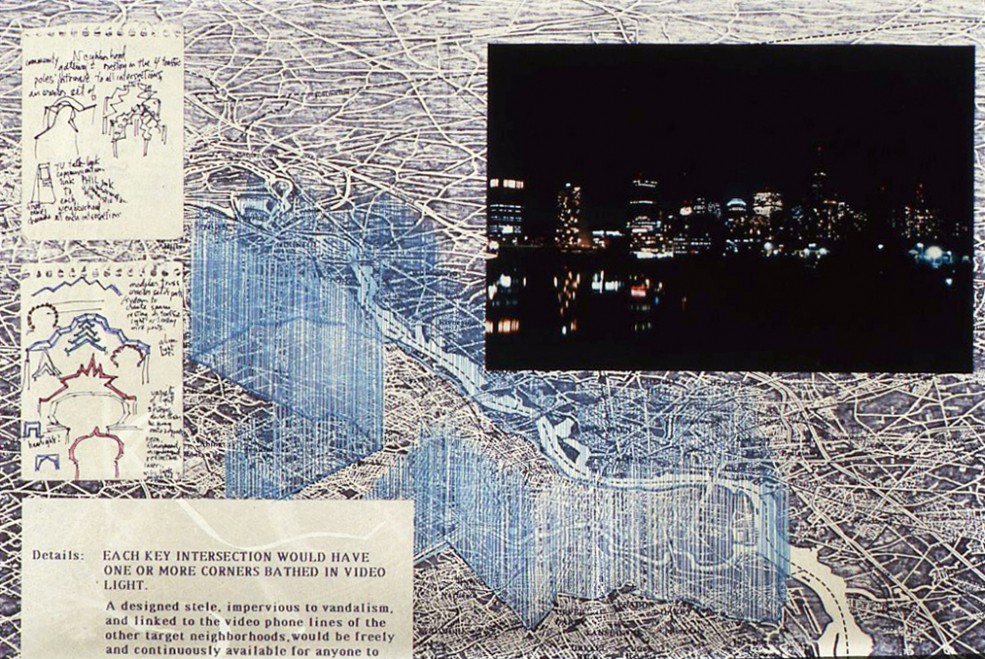 Detail of Phillips Simkin's proposal: <em>PHILADA: Lighter Than Air, Philada (Neighborhood Gateways and Video Screens), Lightly Does It, To Light Upon</em> (1987). Photo Wayne Cozzolino © 1987.