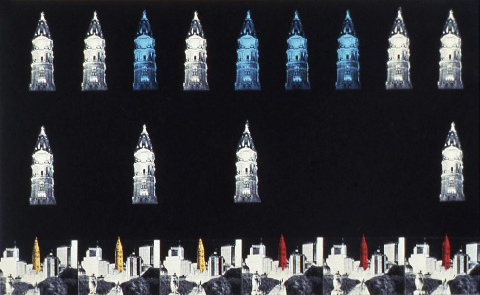Krzysztof Wodiczko's proposal for the illumination of City Hall tower. Photo Rick Echelmeyer © 1987. 