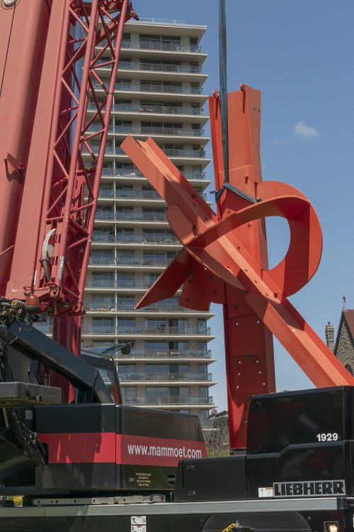 Deinstalling <em>Iroquois</em> in spring 2022 for a major conservation restoration. The sculpture returned in September 2022 as part the Association's 150th anniversary. Photo by Geneva Lawson for Association for Public Art.