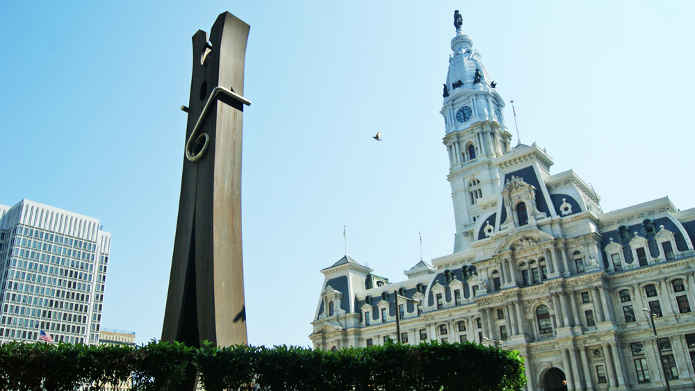Claes Oldenburg's Clothespin with Philadelphia City Hall in the background