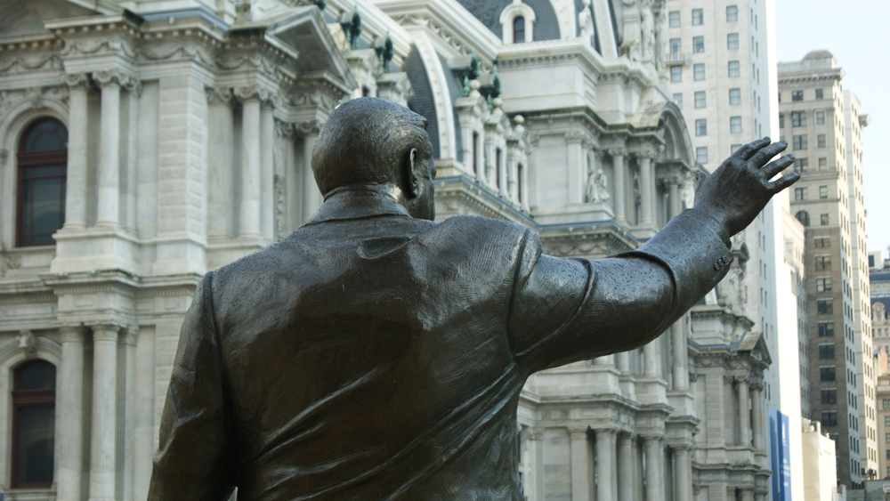 A view of the back of Zenos Frudakis's Frank Rizzo Monument