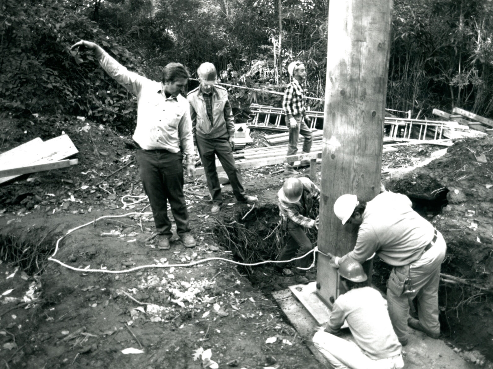 Installing the posts that support the pavilion.