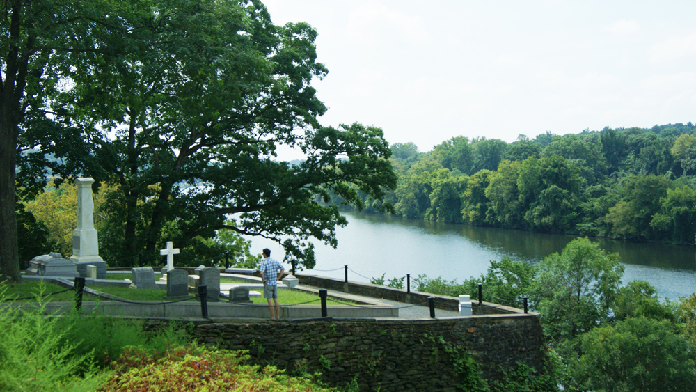 An expansive view overlooking the Schuylkill River at Laurel Hill Cemetery