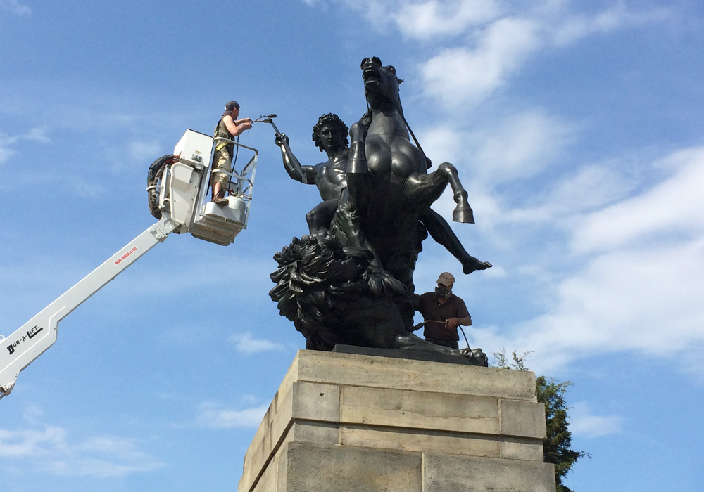 Conservation of "The Lion Fighter" sculpture in front of the Philadelphia Museum of Art