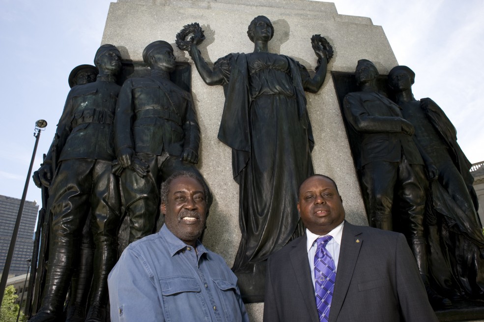 Charles Fuller (left) and Michael Roepel (right) are featured in the Museum Without Walls™: AUDIO program for J. Otto Schweizer's <em>All Wars Memorial to Colored Soldiers and Sailors</em> (1934). Photo © Association for Public Art.