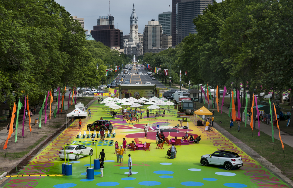 Views of Candy Coated's Magic Carpet and Philadelphia City Hall