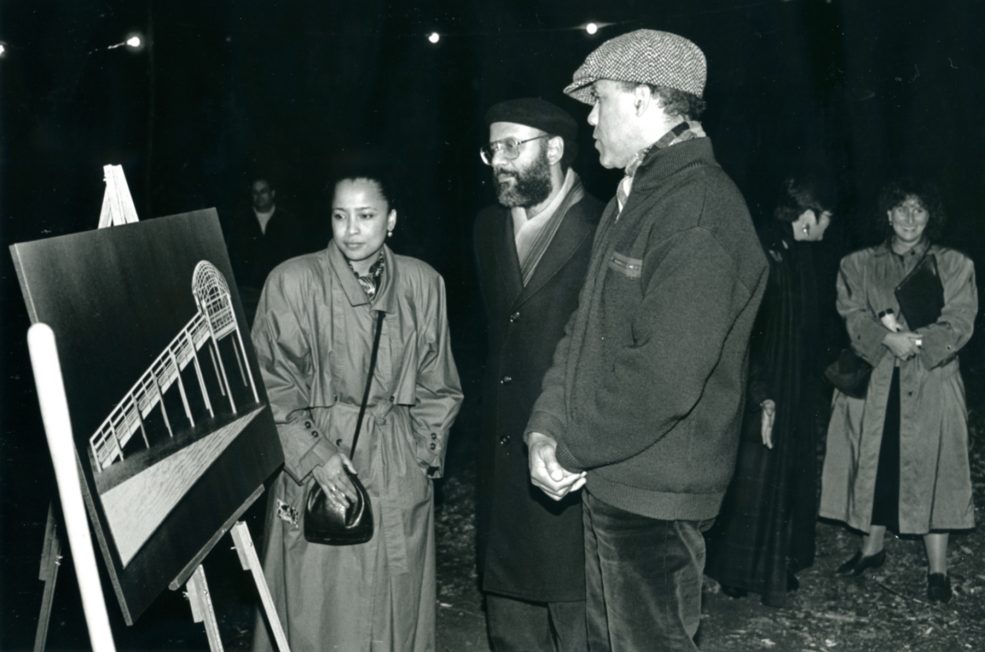 Groundbreaking ceremony with a model of the pavilion on display. Photo Gary McKinnis © 1992 for the Association for Public Art.
