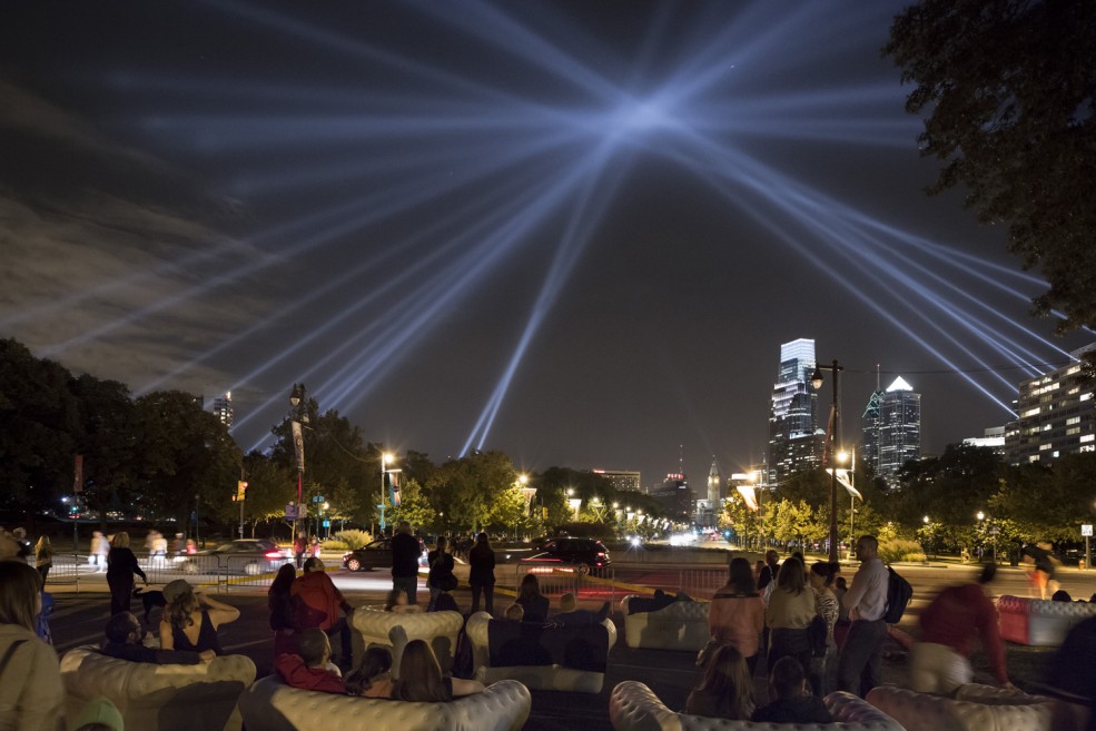 Rafael Lozano-Hemmer's OPEN AIR (2012) installation on the Benjamin Franklin Parkway, commissioned by the Association for Public Art. Photo James Ewing Photography © 2012 for aPA.