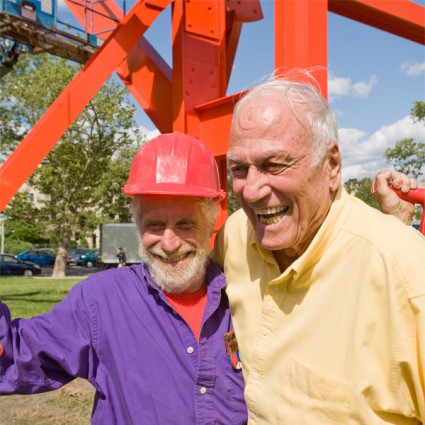 Philanthropist David Pincus with artist Mark di Suvero in front of "Iroquois" on the Benjamin Franklin Parkway