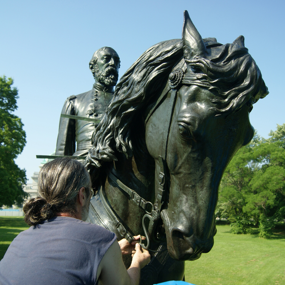Sculpture of General Meade being restored