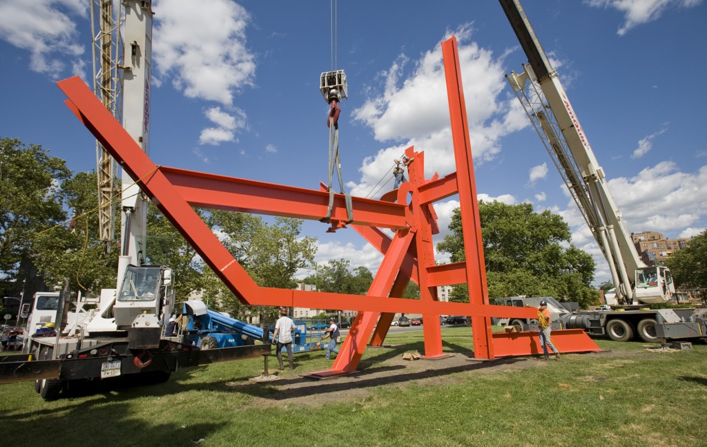 Large cranes were used to install Mark di Suvero's "Iroquois"