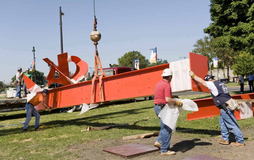 Cranes were used to install the Iroquois sculpture by artist Mark di Suvero