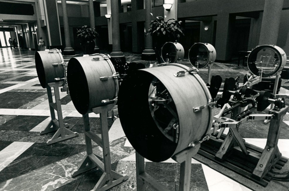 Temporary installation by Patrick Zentz in the Curtis Center Atrium as part of Public Art in America '87. Photo Gary McKinnis © 1987 for the Association for Public Art.