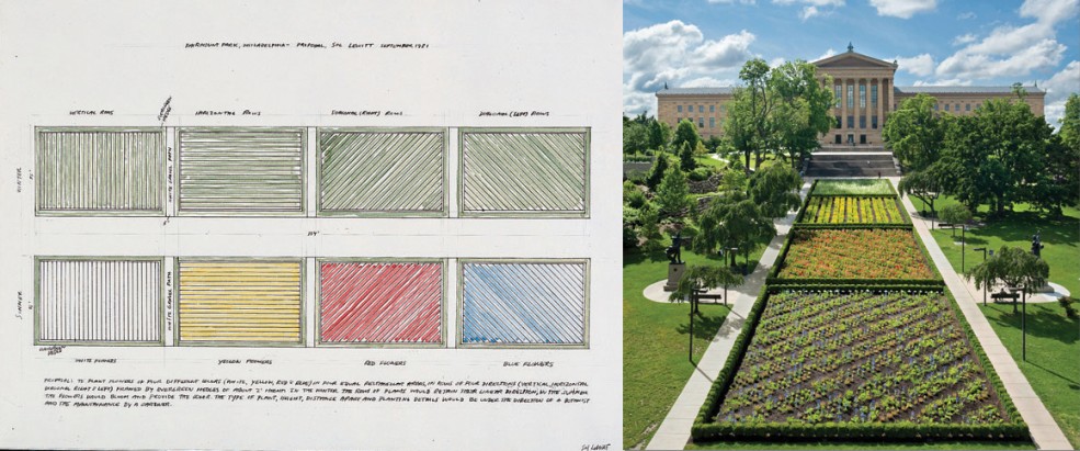 The Association for Public Art commissioned this 1981 Sol LeWitt proposal (pictured left) for <em>Lines in Four Directions in Flowers</em>, realized in 2012 (pictured right) by the Philadelphia Museum of Art.