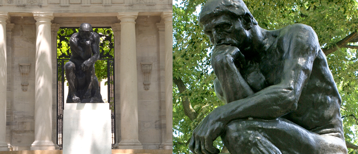 Two views of Auguste Rodin's The Thinker sculpture in front of the Rodin Museum in Philadelphia