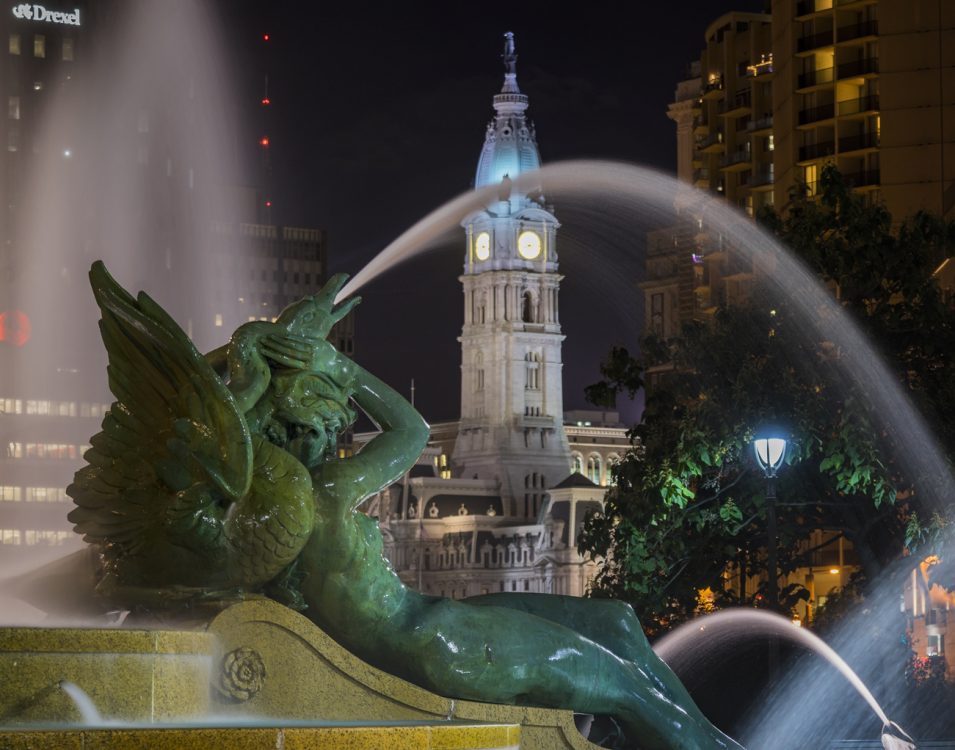 Winning photo from Josh Brilliant's Night Photography workshop. Photo by Bill Raich. (Sculpture: <em>Swann Memorial Fountain</em>)