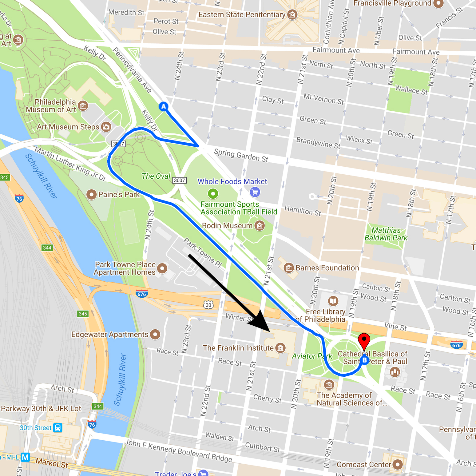 Map of pedicab route - Iroquois Park to Sister Cities Park