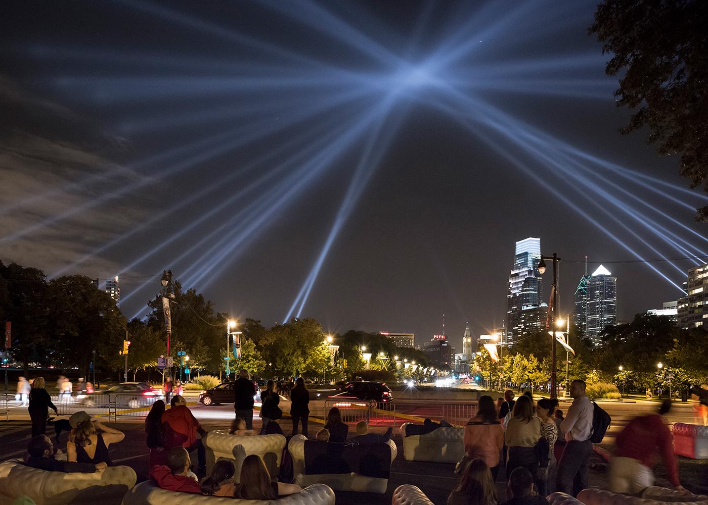 OPEN AIR light installation on the Ben Franklin Parkway at night