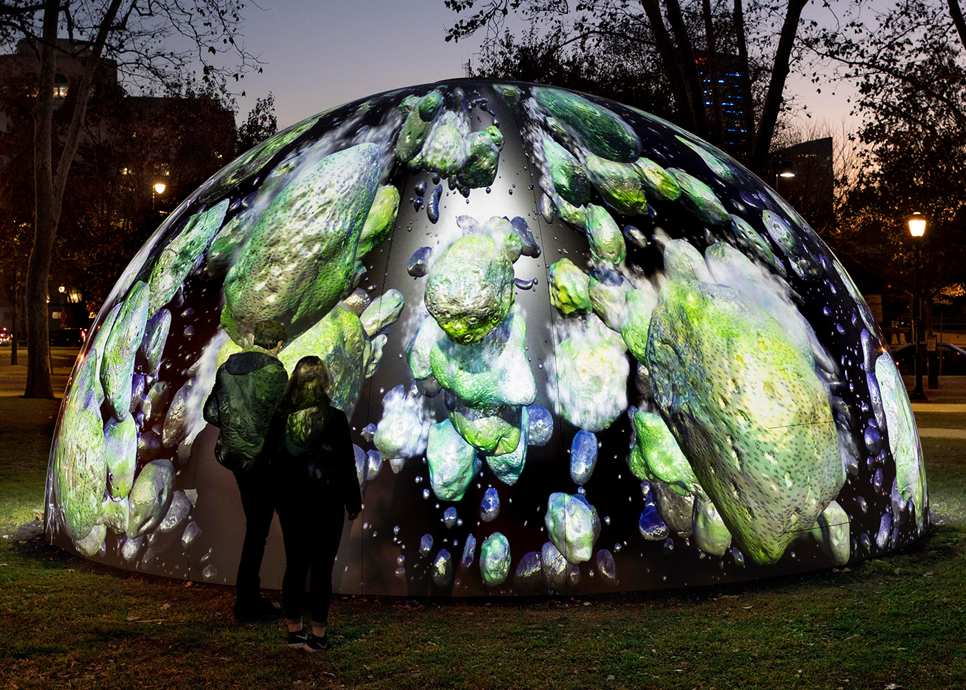 Winter Fountains installation glowing at night