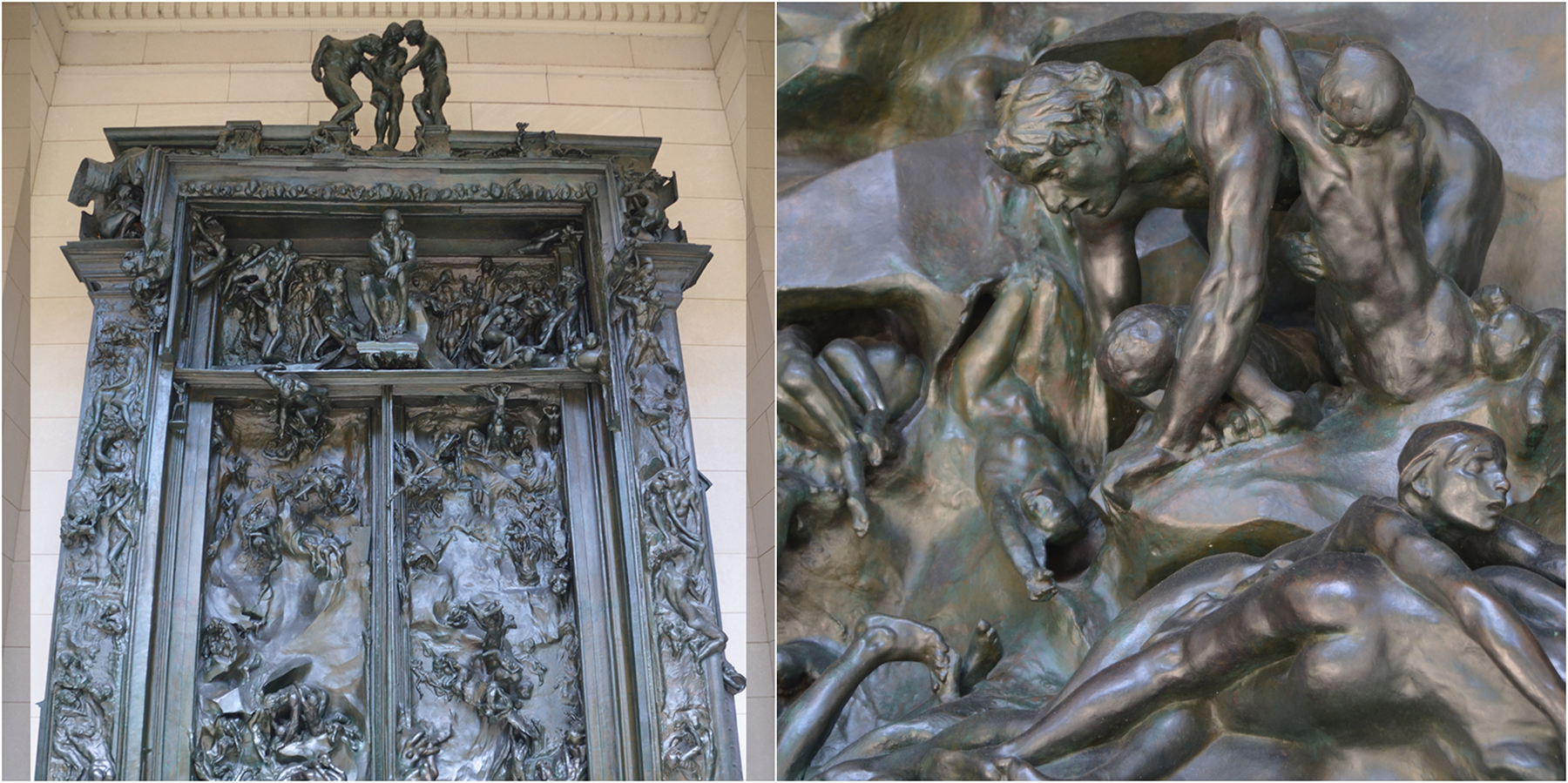 Full view and detail view of Rodin's bronze Gates of Hell at the Rodin Museum in Philadelphia