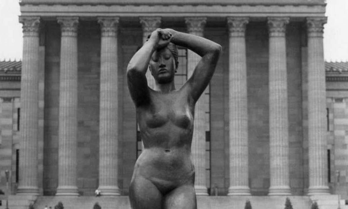 Maja sculpture of female bronze nude atop steps of the Philadelphia Museum of Art - black and white photo