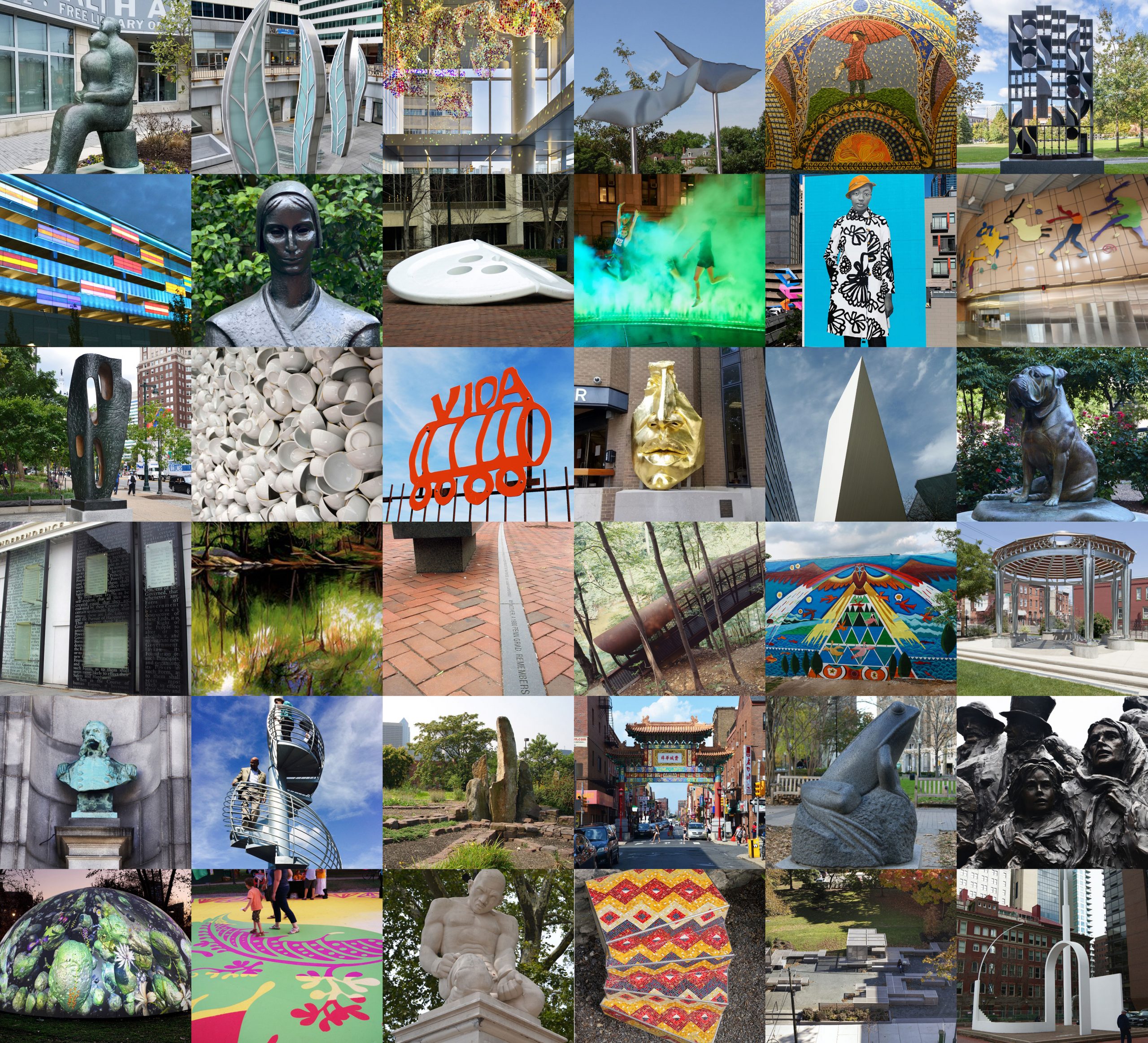 Collage of many of the public artworks in Philadelphia by women artists