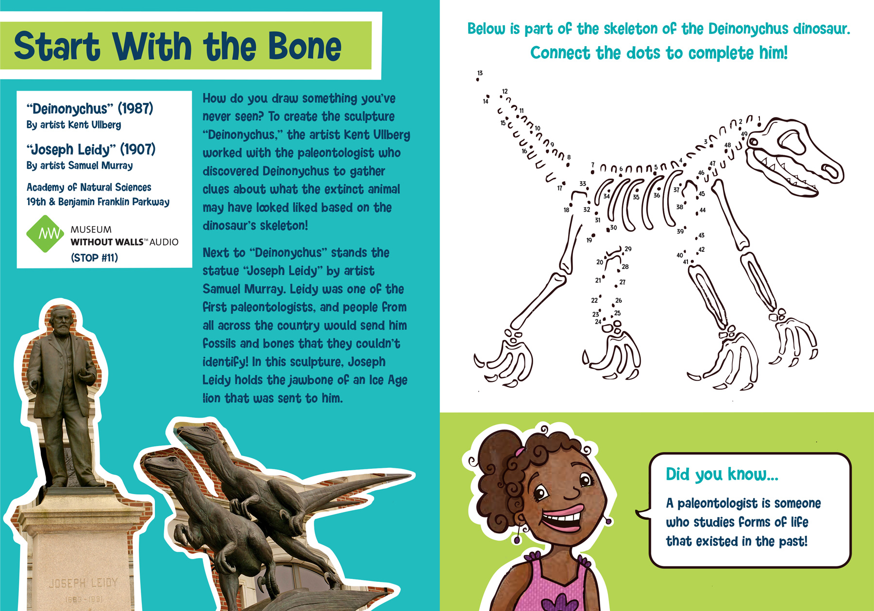 "Deinonychus" and "Joseph Leidy" sculpture activity page for kids