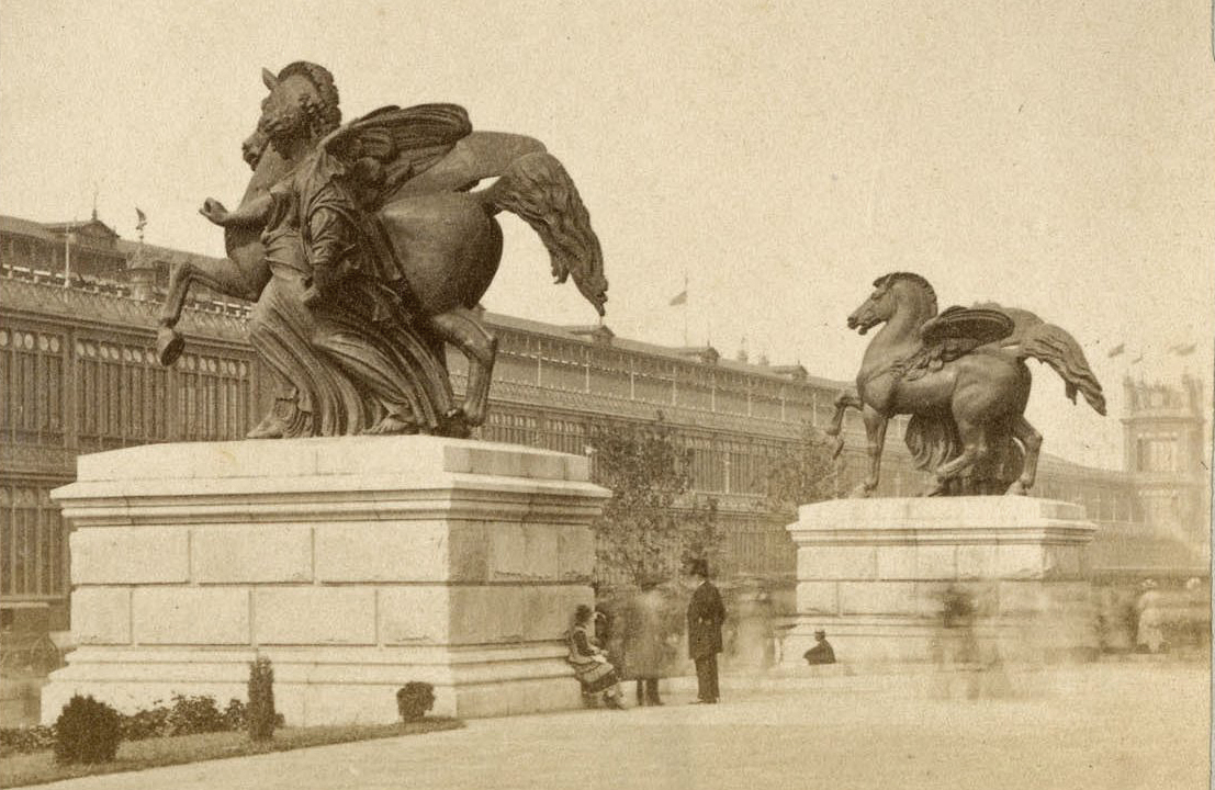 Historic photos of Pegasus sculptures during 1876 Centennial Exposition