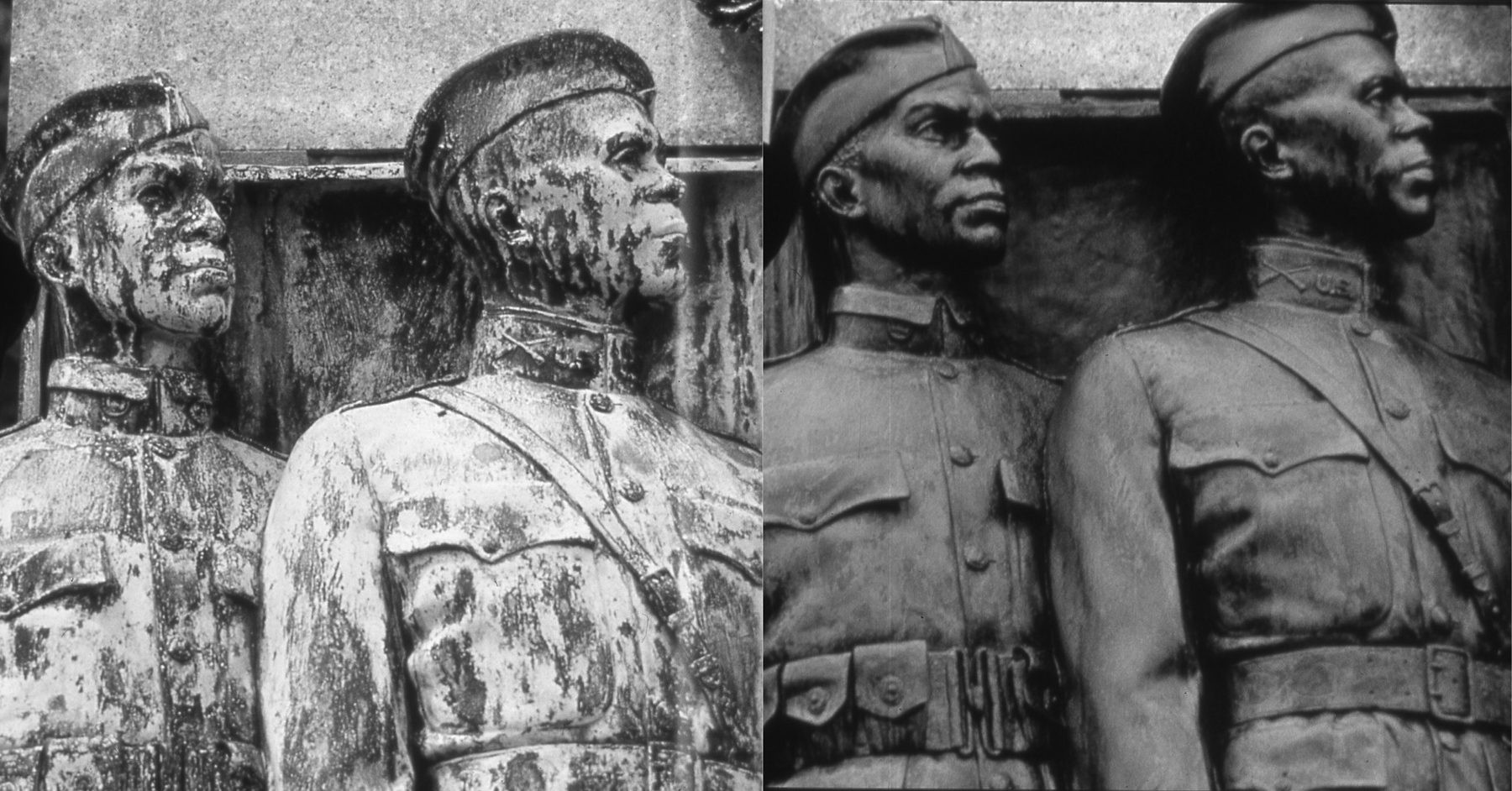 Before and after conservation of the memorial - black and white photo