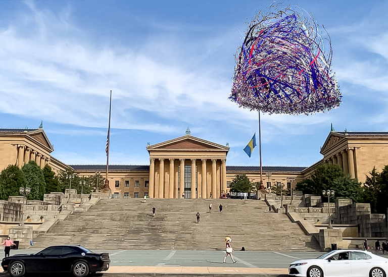 Liberty Bell augmented reality animation by Nancy Baker Cahill in front of the Philadelphia Museum of Art