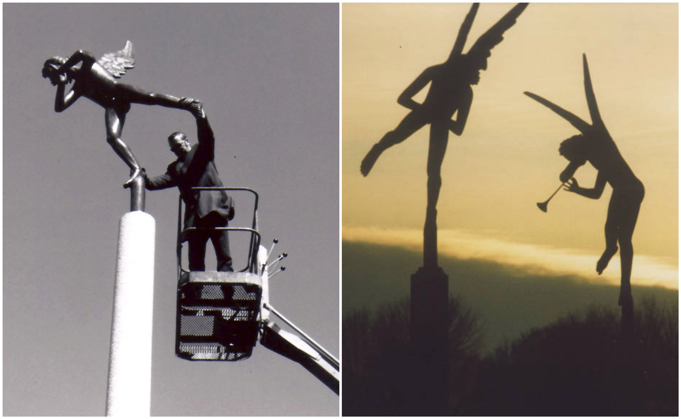 Playing Angels sculpture being installed in 1972