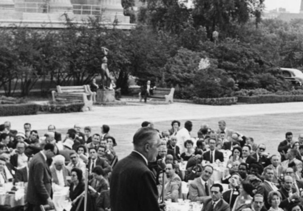 <em>Maja</em> in 1961 with Mayor Dilworth speaking in the foreground. After it was purchased by the Association in 1949, <em>Maja</em> made appearances elsewhere and was then reinstalled on the Museum's East Terrace in the 1950s. Photo courtesy Temple University's Special Collections Research Center, Philadelphia, PA.