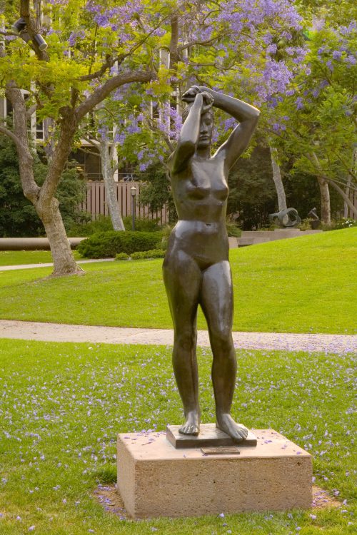 A cast of <em>Maja</em> can be found at the Franklin D. Murphy Sculpture Garden on UCLA's campus. <em>Gerhard Marcks, </em>Maja,<em> 1941. Bronze. 88 x 25 x 23 in. (223.5 x 63.5 x 58.4 cm). Franklin D. Murphy Sculpture Garden, University of California, Los Angeles. Gift of Mr. and Mrs. Jack Warner and the UCLA Art Council. Courtesy Hammer Museum. Photo: Joshua White </em>