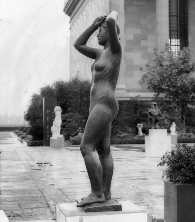 <em>Maja</em> alongside works by other significant artists at the Association's 1949 Sculpture International Exhibition. Photo courtesy Temple University's Special Collections Research Center, Philadelphia, PA.