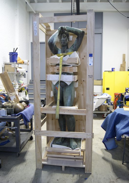 The sculpture prior to treatment, still in its storage casing. Photo © Caitlin Matin for the Association for Public Art.