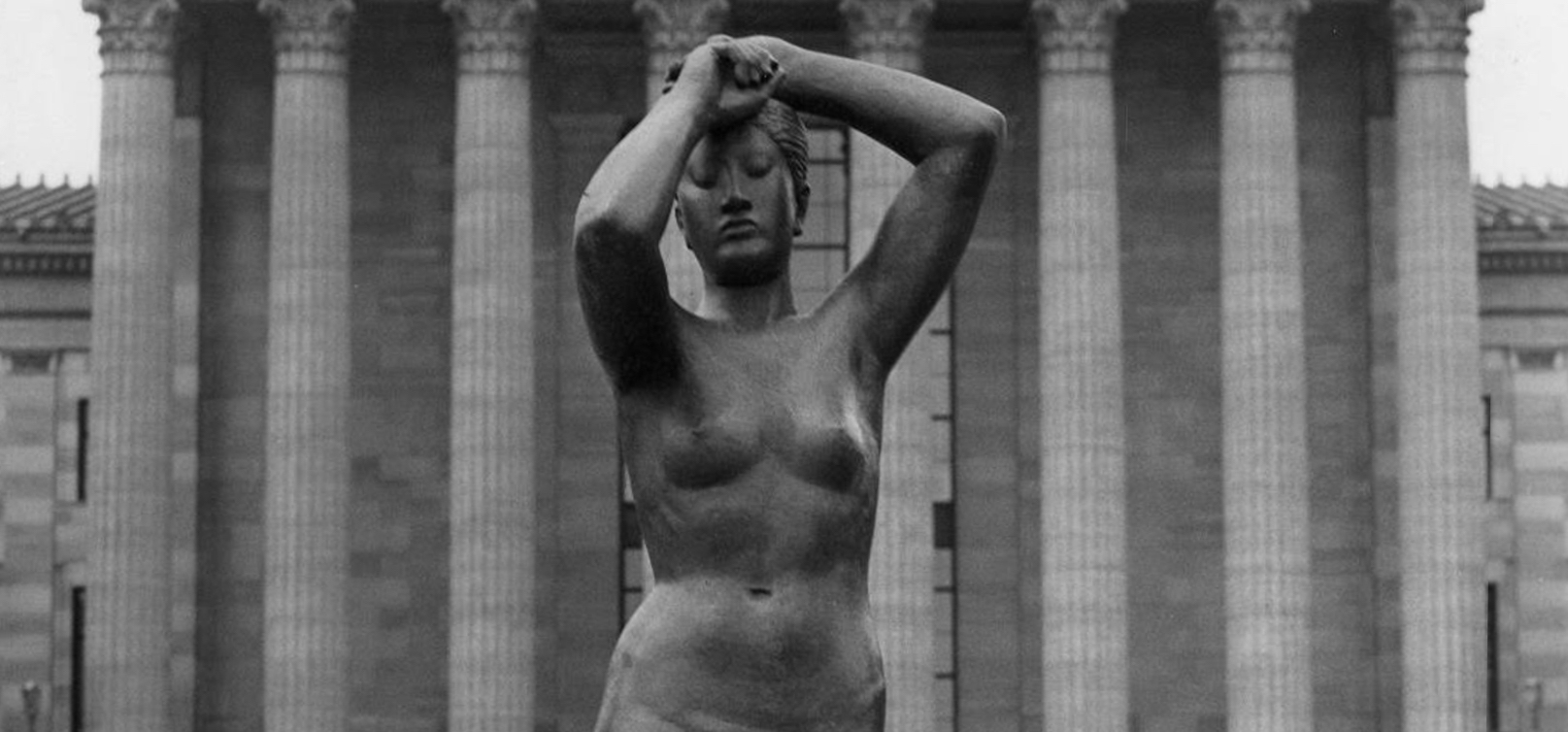 Historic black and white photo of Maja nude female sculpture in front of the Philadelphia Museum of Art in 1949 - banner image