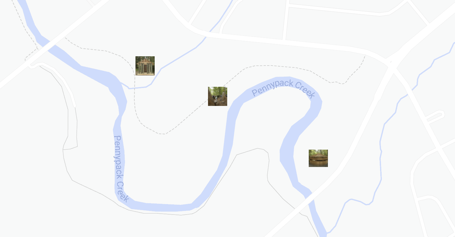 screenshot of Google map showing location of "Embodying Thoreau" public art structures