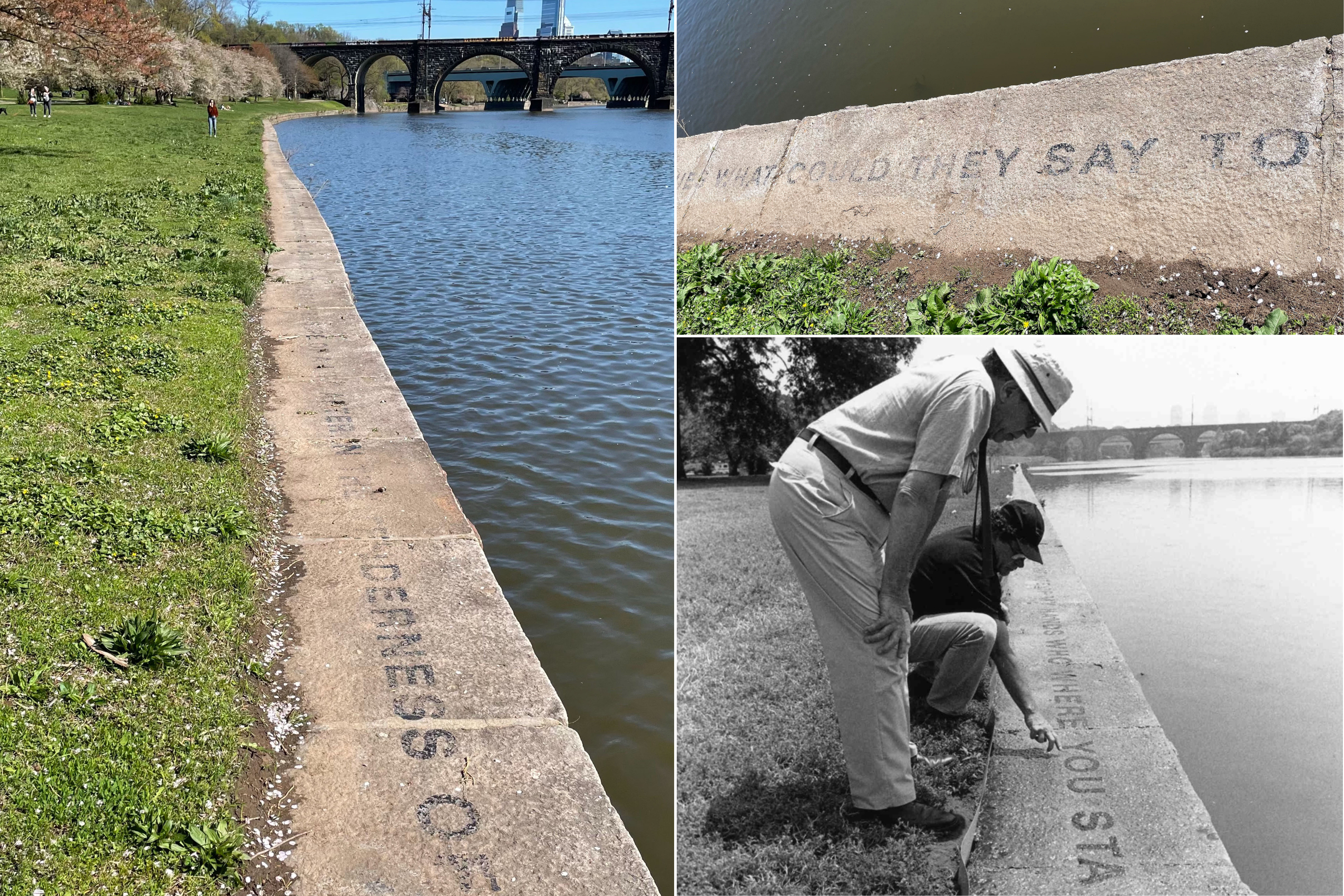 Collage of the public artwork "Sleeping Woman" along the Schuylkill River retaining wall. Black capital-letter text is painted atop the wall along with river, without punctuation