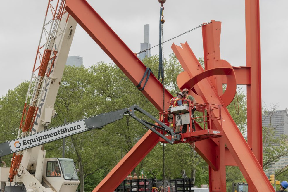 Deinstalling <em>Iroquois</em> in spring 2022 for a major conservation restoration. The sculpture returned in September 2022 as part the Association's 150th anniversary. Photo by Geneva Lawson for Association for Public Art.