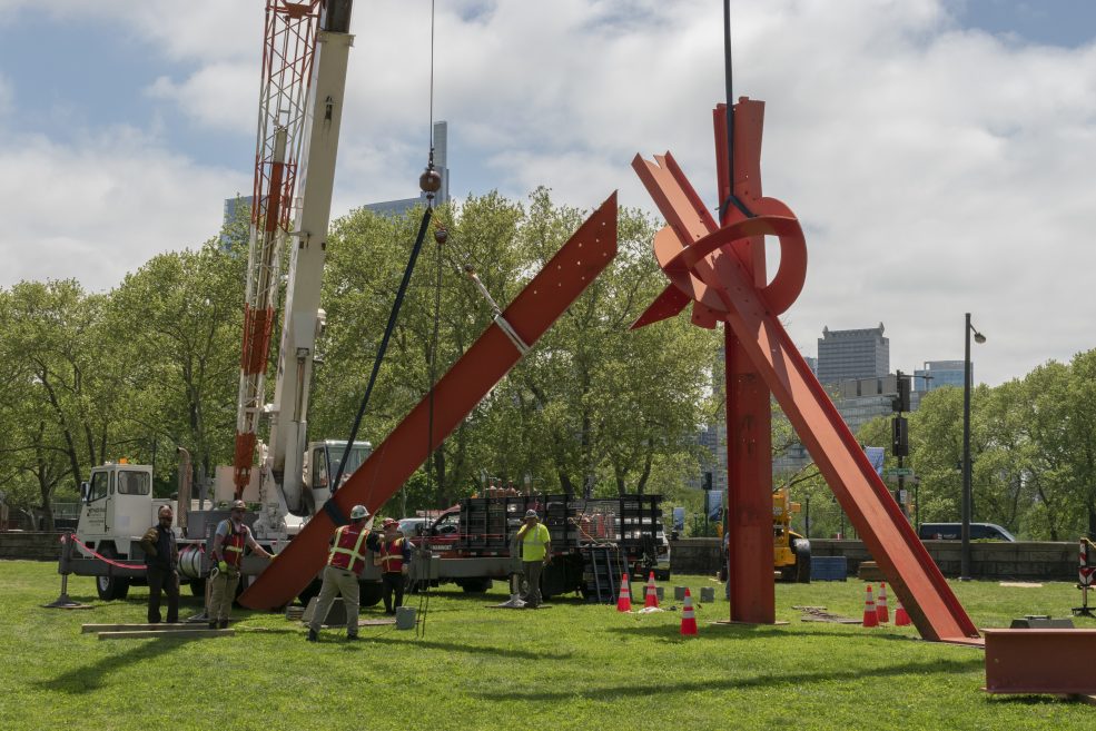 Deinstalling <em>Iroquois</em> in spring 2022 for a major conservation restoration. The sculpture returned  in September 2022 as part the Association's 150th anniversary. Photo by Geneva Lawson for Association for Public Art.