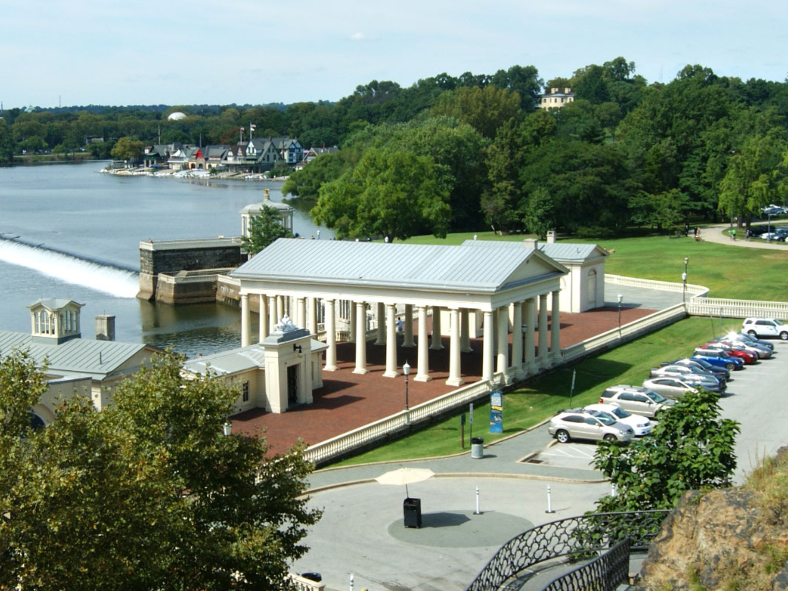 Photo of Philadelphia's Fairmount Park Waterworks, looking toward Fairmount Park and the Schuylkill River.