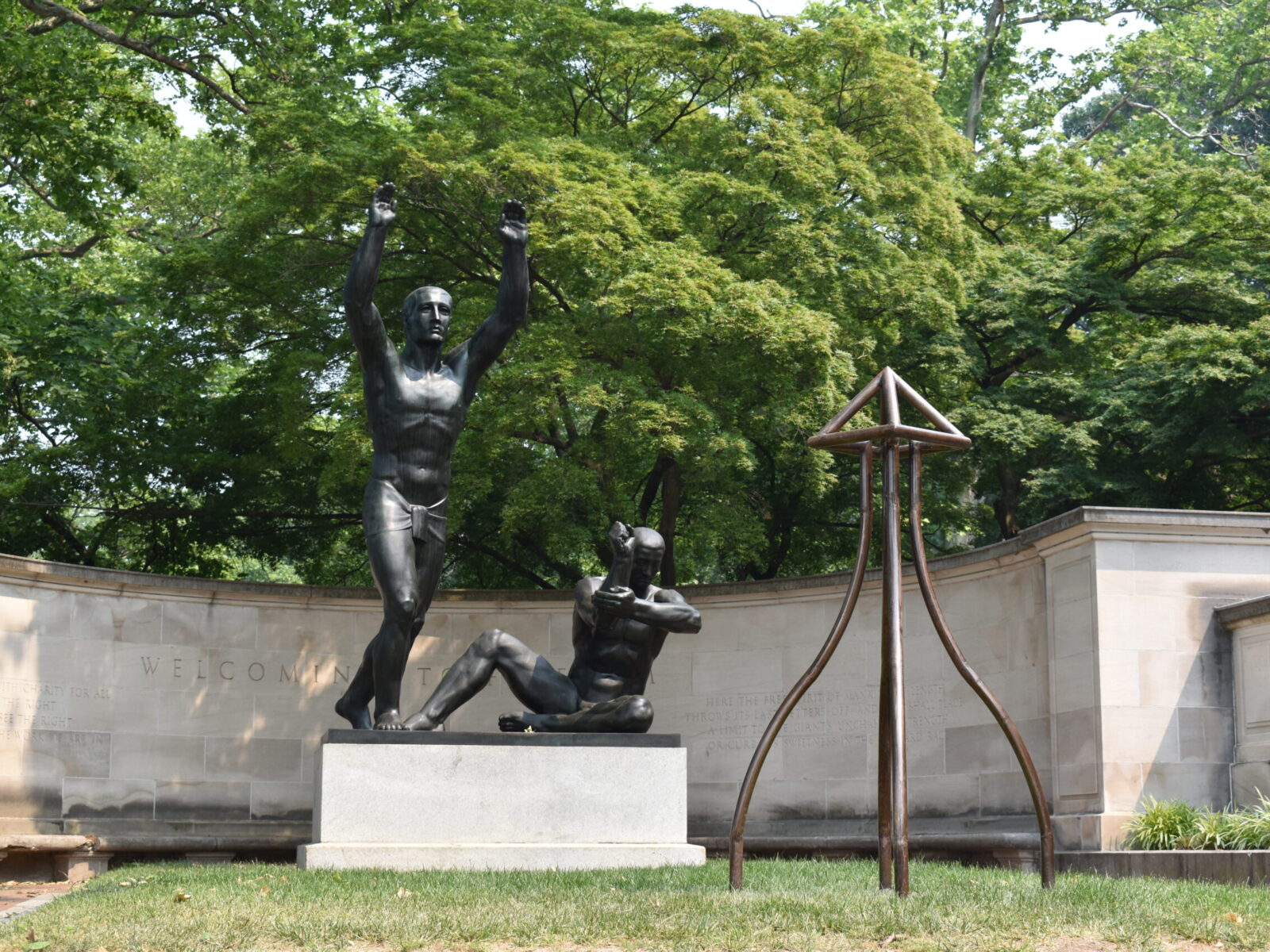 One of ten large-scale open metal vessel sculptures by Maren Hassinger, installed at the Ellen Phillips Samuel Memorial in Philadelphia, along Kelly Drive and the Schuylkill River. Inspired by ancient iconic vessel archetypes, the abstract sculptures suggest three-dimensional line drawings that vividly connect art with nature.