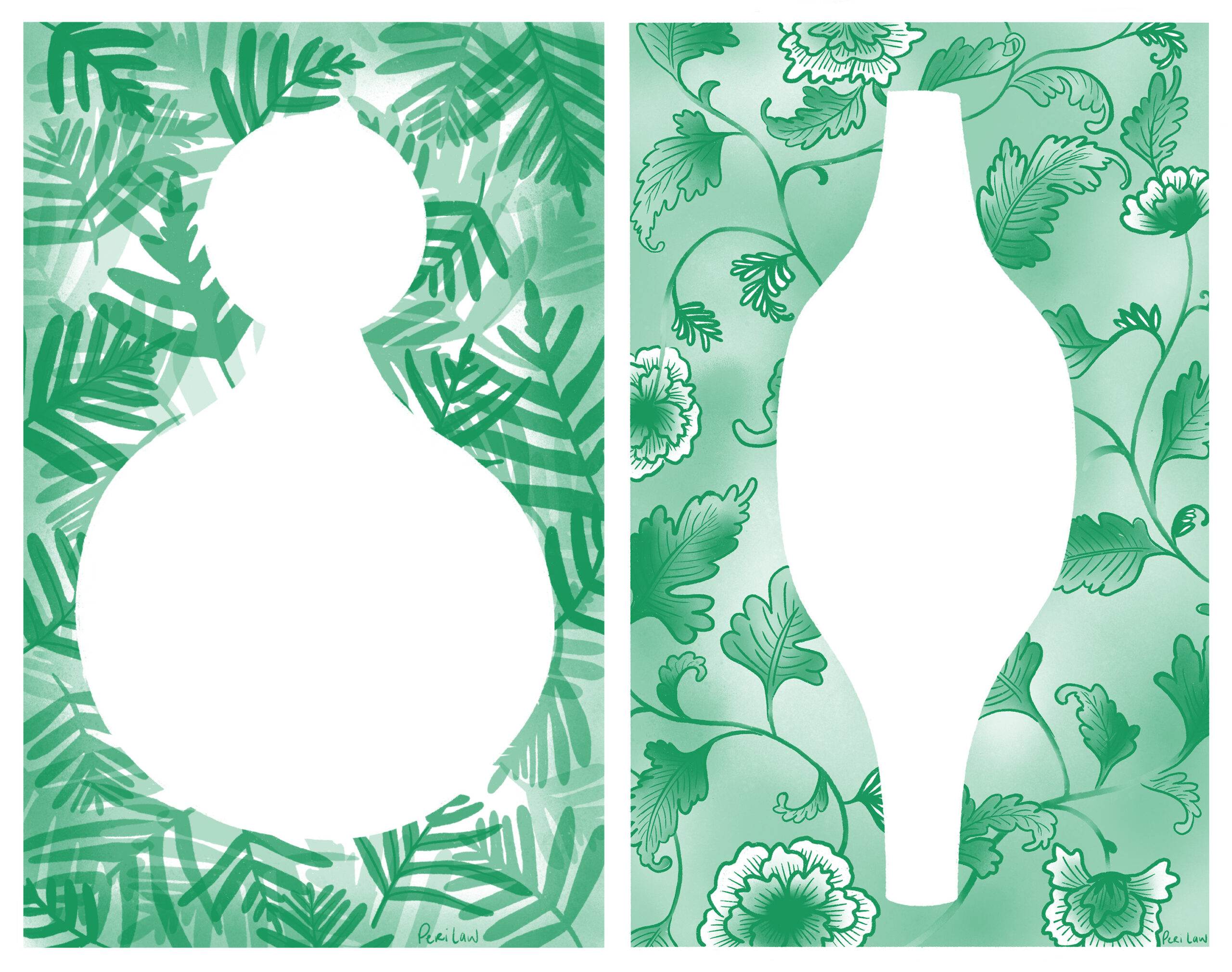 Riso prints designed by artist Peri Law. There are two white shapes – silhouettes of Maren Hassinger's "Steel Bodies," which are unique vessel-type steel sculptures. Framing the shapes are green leafy patterns.